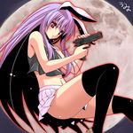  alternate_costume animal_ears bare_shoulders black_legwear bunny_ears full_moon gun handgun highres lavender_hair legs long_hair long_legs m1911 midriff miniskirt moon nail_polish navel pistol pleated_skirt red_eyes reisen_udongein_inaba revision skirt solo tank_top thighhighs thighs touhou umyonge_(lkakeu) very_long_hair weapon zettai_ryouiki 