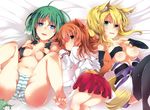  3girls animal_ears barefoot blonde_hair blue_eyes dog_days eclair_martinozzi feet female green_eyes green_hair highres kemonomimi multiple_girls orange_eyes orange_hair ricotta_elmar tail toes yukikaze_panettone 