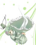  arm_ribbon dress ghost_tail green_dress green_eyes green_hair hair_ornament hat hat_removed hat_ribbon headwear_removed juliet_sleeves kuronuko_neero leg_hug long_sleeves looking_at_viewer puffy_sleeves ribbon soga_no_tojiko solo touhou 