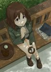  book breasts brown_eyes brown_hair cropped_jacket cup eating food from_above green_tea kadomaru_misa looking_up medium_breasts military military_uniform mouth_hold photo_(object) rikizo short_hair sitting smile solo tea tray tree_shade uniform wagashi world_witches_series 