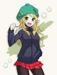  :d bad_id bad_pixiv_id beanie black_legwear blonde_hair green_eyes hand_in_pocket hat hoshii_miki idolmaster idolmaster_(classic) jacket kikoeru long_hair open_mouth pantyhose pleated_skirt skirt smile solo star track_jacket 