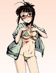  akizuki_ritsuko antenna_hair bikini blush breasts brown_eyes brown_hair folded_ponytail glasses gradient gradient_background groin highres hood hoodie idolmaster idolmaster_(classic) jacket kawaguchi_hyoue long_hair medium_breasts midriff navel polka_dot polka_dot_bikini polka_dot_swimsuit solo swimsuit 