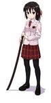  black_eyes black_hair black_legwear blazer hand_on_hilt jacket loafers long_hair looking_at_viewer necktie original pantyhose sawada_yuusuke school_uniform shoes skirt solo standing sword weapon wooden_sword 