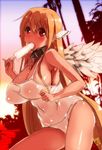  angel_wings astraea blonde_hair breasts chain cleavage collar food huge_breasts ice_cream long_hair navel open_mouth red_eyes rkrk signature solo sora_no_otoshimono swimsuit tongue tongue_out tree white_swimsuit white_wings wings 