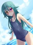  bad_id bad_pixiv_id blue_hair blush dutch_angle fang frown heterochromia highres leura_(suterii) long_hair one-piece_swimsuit original revision school_swimsuit shiny shiny_clothes skindentation solo suterii swimsuit 
