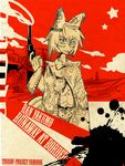  belt commentary cover fake_cover finger_on_trigger gun handgun live_a_live parody poncho red_background revolver setz slit_pupils smoke smoking_gun solo splotch touhou weapon western yakumo_ran 