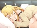  ahoge bare_shoulders blonde_hair breasts cleavage closed_eyes couch drooling hitoto hoshii_miki idolmaster idolmaster_(classic) long_hair lying medium_breasts on_side pillow saliva sleeping solo 