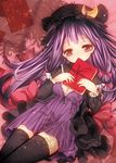  black_legwear book bow catbell crescent dress hat highres long_hair lying patchouli_knowledge purple_eyes purple_hair red_eyes revision solo thighhighs touhou 