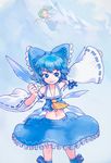  arm_up ascot blue_eyes blue_hair cirno cosplay daiyousei face hakurei_reimu hakurei_reimu_(cosplay) highres midriff multiple_girls navel revision short_hair skirt smile touhou wings yst 