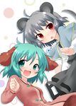  animal_ears blush capelet cover_image fang green_eyes green_hair jewelry kasodani_kyouko mouse_ears mouse_tail multiple_girls natsu_no_koucha nazrin open_mouth pendant red_eyes short_hair silver_hair tail touhou 