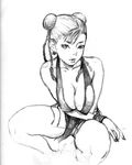  alternate_costume breasts china_dress chinese_clothes chun-li cleavage dress greyscale highres large_breasts lips monochrome pelvic_curtain sketch solo squatting street_fighter street_fighter_iv_(series) willcan 