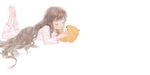  barefoot blush brown_hair child closed_eyes feet full_body legs_up long_hair lying matayoshi on_stomach original pajamas simple_background soles solo stuffed_toy very_long_hair white_background 