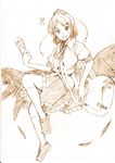  dress_shirt eighth_note hat kneehighs looking_at_viewer monochrome musical_note newspaper open_mouth sepia shameimaru_aya shirt simple_background skirt smile solo tokin_hat touhou vent_arbre white_background wings 
