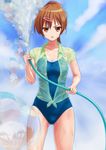  :o angry brown_hair bubble chuunibyou_demo_koi_ga_shitai! cloud collarbone competition_school_swimsuit day hair_ornament hairclip highres holding hose looking_at_viewer nibutani_shinka one-piece_swimsuit rasukaru red_eyes reflection school_swimsuit shirt sky sleeves_rolled_up solo spraying swimsuit swimsuit_under_clothes v-shaped_eyebrows water wet wet_clothes wet_shirt 
