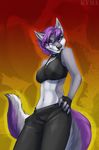 bra canine cleavage clothed clothing collar female hair jess_(teckly) kyma mammal navel pants purple_eyes purple_hair spikes underwear wolf 
