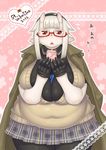  1girl 2012 :&lt; artist_request blush breasts cardigan chikurako_kanoeki fat glasses gloves highres holding horns huge_breasts jon_henry_nam long_hair looking_at_viewer muchigaku obese open_mouth pale_skin pleated_skirt pointy_ears red_eyes school_uniform semi-rimless_glasses skirt solo standing translation_request uniform valentine valentine&#039;s_day wavy_mouth white_hair 