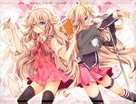  asymmetrical_legwear black_legwear blonde_hair braid dual_persona highres ia_(vocaloid) jacket kneehighs legband long_hair long_sleeves microphone notebook one_eye_closed open_mouth pen shirt short_sleeves single_kneehigh single_thighhigh skirt smile thighhighs twin_braids uruhara_ryuuku very_long_hair vest vocaloid zettai_ryouiki 