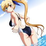  ass blonde_hair blush competition_swimsuit hair_ribbon heterochromia long_hair looking_at_viewer looking_back lyrical_nanoha mahou_shoujo_lyrical_nanoha_vivid older one-piece_swimsuit ribbon side_ponytail smile solo swimsuit very_long_hair vivio water yosuzu 