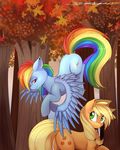  absurd_res applejack_(mlp) autumn blonde_hair blue_fur cowboy_hat cutie_mark duo equine female feral forest freckles friendship_is_magic fur green_eyes hair hat hi_res horse leaf looking_back mammal multi-colored_hair my_little_pony outside pegasus pony purple_eyes rainbow_dash_(mlp) rainbow_hair signature smile spittfire tree wings 
