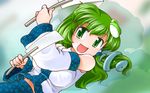  arm_up breasts detached_sleeves dual_wielding frog_hair_ornament gohei green_eyes green_hair hair_ornament hair_tubes highres holding kochiya_sanae large_breasts long_hair long_sleeves looking_at_viewer mizuki_hitoshi open_mouth shadow shirt skirt skirt_set smile snake snake_hair_ornament solo touhou 