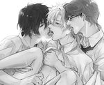  3boys akari_(karneval) cum gareki_(karneval) glasses group_sex handjob hirato jiki karneval male male_focus monochrome multiple_boys open_clothes open_shirt penis shirt threesome tongue yaoi yogi 