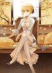  adapted_costume ahoge artoria_pendragon_(all) blonde_hair blue_eyes cherry_blossoms chinese_clothes crossed_legs fate/stay_night fate_(series) high_heels pillow ribbon saber shoes shuiyituzi side_slit sitting solo tassel thighhighs 