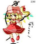  blonde_hair blush flandre_scarlet hat looking_at_viewer red_eyes simple_background solo takasegawa_yui touhou translated white_background wings 