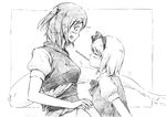  blush breasts closed_eyes flying_sweatdrops food greyscale konpaku_youmu konpaku_youmu_(ghost) large_breasts monochrome mouth_hold multiple_girls onozuka_komachi pocky sharing_food short_hair sweatdrop touhou traditional_media vent_arbre 