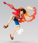  1boy fighting_stance figure hat jump jumping lowres male male_focus merchandise monkey_d_luffy one_piece open_clothes open_shirt photo red_shirt sandals scar shirt solo straw_hat 