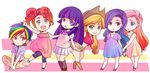  6+girls 6girls applejack blonde_hair blue_eyes boots chibi cow_girl cowboy_boots cowboy_hat cowgirl dress fluttershy green_eyes hand_holding hat highres long_hair long_image looking_at_viewer multicolored_hair multiple_girls my_little_pony my_little_pony_friendship_is_magic personification pink_hair pinkie_pie ponytail purple_eyes purple_hair rainbow_dash rainbow_hair rarity red_eyes school_uniform shirt short_hair shorts sitting skirt smile socks tate-ya tied_shirt twilight_sparkle twintails very_long_hair waving wide_image 