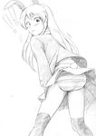  1girl animal_ears blush bunny_ears bunny_tail from_behind greyscale looking_back monochrome panties pantyshot reisen_udongein_inaba simple_background solo striped striped_panties tail touhou traditional_media underwear vent_arbre white_background 