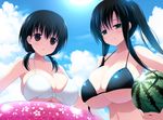  bikini black_bikini black_hair blush breasts brown_eyes cloud collarbone day food front-tie_top fruit green_eyes holding huge_breasts hyuuga_takashi innertube iwato_kasumi jindai_komaki long_hair looking_at_viewer low_twintails multiple_girls ponytail saki short_hair sky smile string_bikini swimsuit twintails watermelon white_bikini 