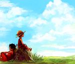  2boys blue_sky brother brothers child cloud day east_blue grass hat lowres male male_focus monkey_d_luffy multiple_boys nature one_piece outdoors portgas_d_ace sandals shueisha siblings sitting sky straw_hat young younger 