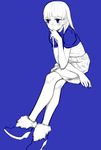  blue_eyes blue_footwear boots hand_on_own_chin monochrome original robo8 sitting skirt solo 