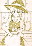  blush hat kirisame_marisa long_hair monochrome smile solo touhou vent_arbre 