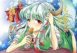  absurdres bad_anatomy bent_over blush breasts churro covered_nipples eating ex-keine food_in_mouth goya_(team_harenchi) green_hair hair_flip highres horns kamishirasawa_keine large_breasts long_hair looking_at_viewer red_eyes sexually_suggestive solo tail touhou translation_request 