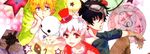  3boys ball black_hair blonde_hair gareki_(karneval) gift gloves goggles goggles_on_head hand_rest hat karneval male male_focus mini_hat multiple_boys nai_(karneval) purple_eyes red_eyes star_(symbol) stuffed_toy top_hat trio white_hair yogi 