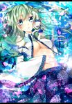  bare_shoulders blue_eyes breasts cleavage detached_sleeves frog_hair_ornament green_hair hair_ornament highres kochiya_sanae long_hair looking_at_viewer lying medium_breasts no_bra on_back snake solo touhou yua_(ibara1211) 