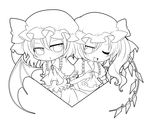  ascot bat_wings blush bow flandre_scarlet greyscale hat hat_bow hat_ribbon lineart mayura_(mayura610206) monochrome multiple_girls one_eye_closed open_mouth puffy_sleeves remilia_scarlet ribbon short_sleeves siblings side_ponytail sisters smile touhou wings 