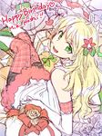  ahoge blonde_hair blush dress elbow_gloves flower gloves green_eyes hair_flower hair_ornament hoshii_miki idolmaster idolmaster_(classic) long_hair looking_at_viewer looking_back open_mouth redrop smile solo thighhighs 