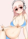  bikini blush breasts cleavage front-tie_top headphones large_breasts long_hair looking_at_viewer navel nitroplus pink_hair red_eyes side-tie_bikini smile solo super_sonico swimsuit v yuna_(spn28u79) 