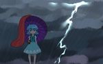  :&lt; blue_eyes blue_hair closed_mouth cloud cloudy_sky heterochromia highres jitome juliet_sleeves karakasa_obake lightning long_sleeves long_tongue looking_at_viewer mizuki_hitoshi oriental_umbrella puffy_sleeves purple_umbrella rain red_eyes shirt short_hair skirt skirt_set sky solo standing tatara_kogasa tongue touhou umbrella v-shaped_eyebrows vest 