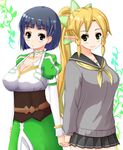  black_hair blonde_hair braid breasts cleavage cosplay costume_switch dual_persona green_eyes hair_ornament hairclip holding_hands kirigaya_suguha kirigaya_suguha_(cosplay) large_breasts leafa leafa_(cosplay) long_hair multiple_girls nagi_uru pointy_ears ponytail school_uniform serafuku skirt sweater sword_art_online twin_braids 