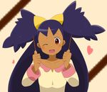  big_hair black_hair dark_skin food hair_ornament heart iris_(pokemon) kuro_tomato_(tezukuri) long_hair one_eye_closed open_mouth pocky pokemon pokemon_(anime) pokemon_(game) pokemon_bw pokemon_bw_(anime) red_eyes smile solo two_side_up very_long_hair 