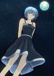  ayanami_rei bare_shoulders blue_hair dress full_moon highres miraioranji moon neon_genesis_evangelion night night_sky red_eyes short_hair sky solo star_(sky) starry_sky 