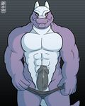  abs anthro balls biceps big_muscles big_penis blush dragon dripping erection looking_at_viewer male muscles pecs penis pose precum presenting reptile scalie solo speedo swimsuit thong underwear undressing wanikami 