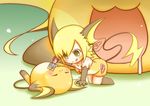  :3 :q absurdres all_fours animal_ears black_legwear blonde_hair bow cafe_(chuu_no_ouchi) collarbone dress drooling elbow_gloves fork gen_1_pokemon gloves green_eyes highres kneehighs open_mouth personification pokemon pokemon_(creature) raichu short_hair tail tongue tongue_out yellow_dress 