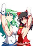  aqua_eyes armpits arms_up asymmetrical_docking black_hair breast_press breasts detached_sleeves green_eyes green_hair groin hakurei_reimu highres kochiya_sanae large_breasts long_hair multiple_girls muruchi- no_panties open_mouth profile red_eyes sideboob simple_background smell standing steam touhou white_background 