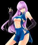  bare_shoulders black_background black_gloves breasts character_request cleavage copyright_request elbow_gloves fingerless_gloves gloves hand_on_hip large_breasts long_hair purple_eyes purple_hair simple_background smile solo tsuan 