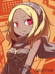  arm_warmers bare_shoulders blonde_hair building copyright_name dark_skin english gravity_daze grin hairband hakika kitten_(gravity_daze) long_hair orange_background red_eyes scarf slit_pupils smile solo upper_body 